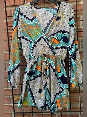 Romper in Teal, Orange and Navy